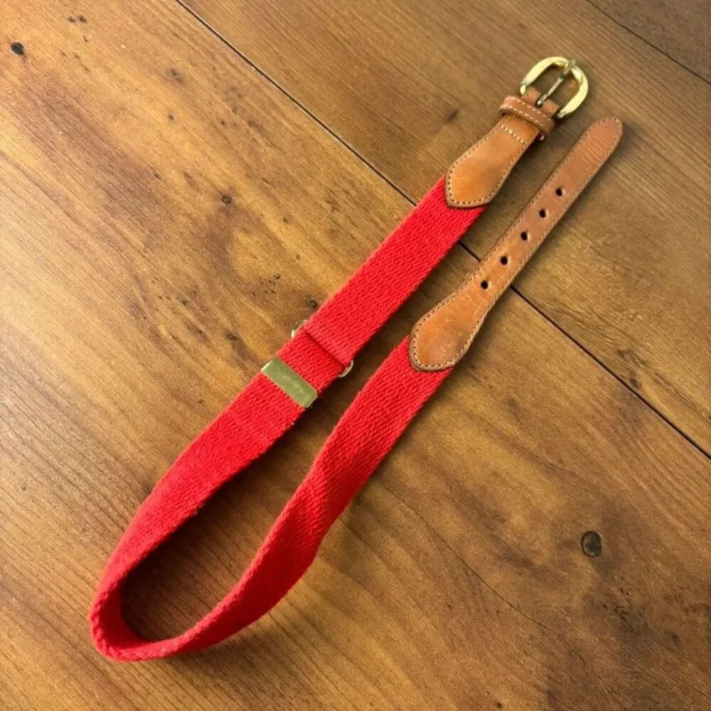 Lands' End VTG 90s Red Canvas Leather Trim Belt Solid Brass Buckle Youth M